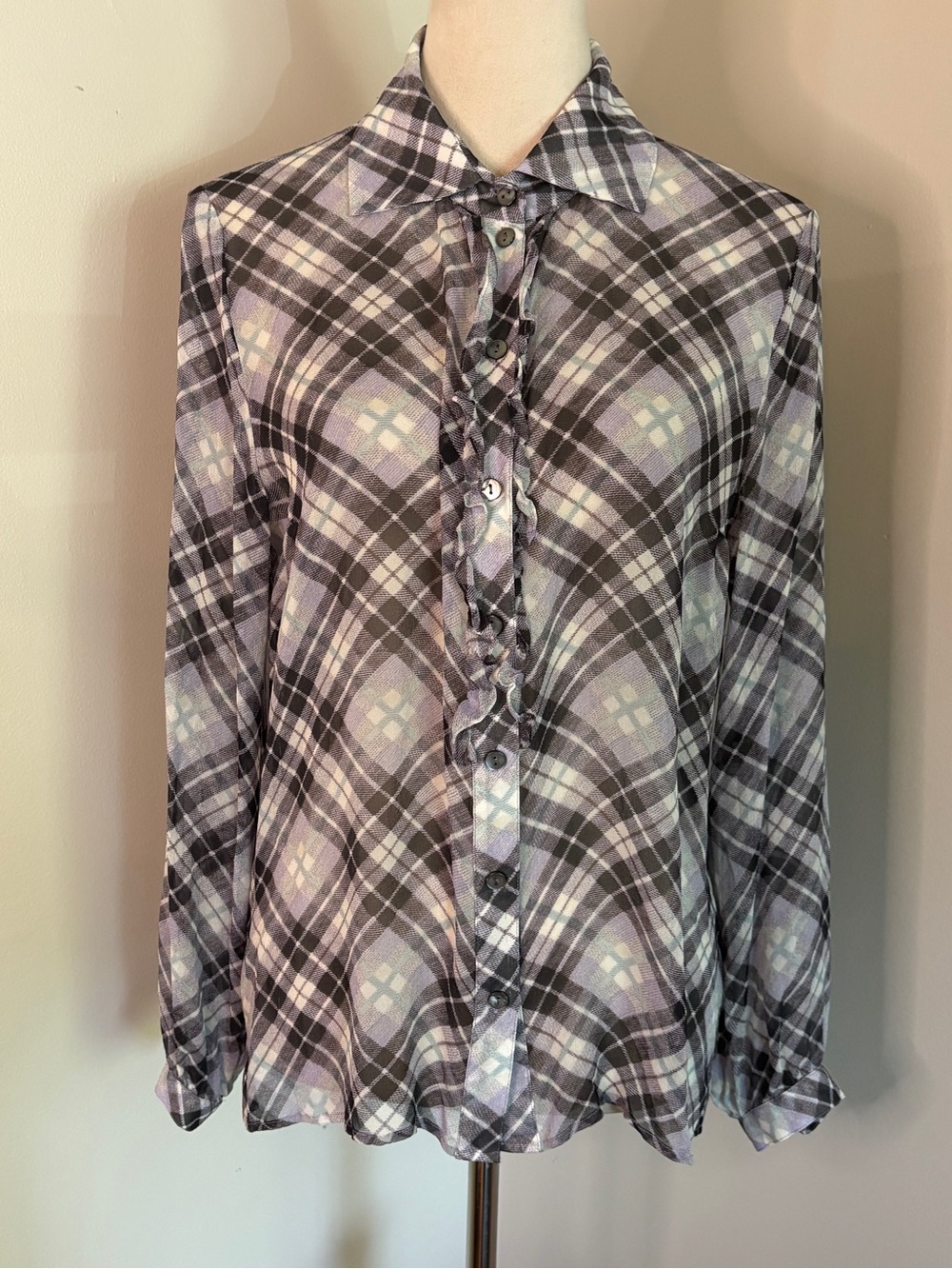 Worth New York 100% Silk Sheer Plaid Button Up‎ Blouse